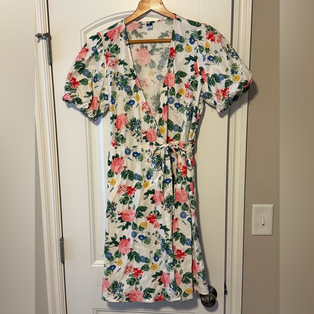 Old Navy Red and Pink Puff Sleeve Wrap Sundress